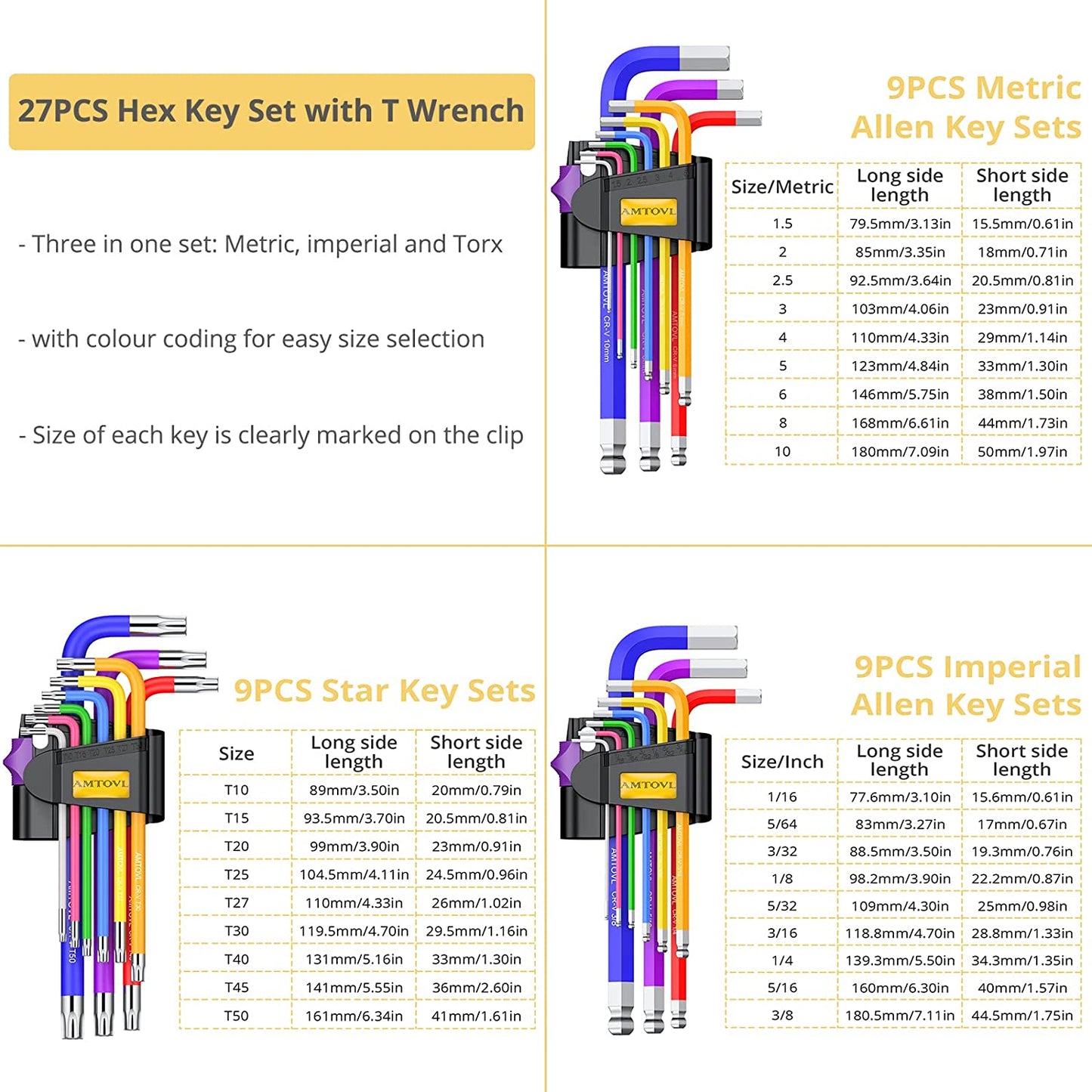 Hex Keys Set, 29PCS Allen Key Set & Star Key Set, Metric Imperial Extra Long Ball End Hex Key Set with Colour Coding with T-Handle 1.5Mm-10Mm, T10-T50, 1/16-3/8 for Bicycle Repair Household DIY