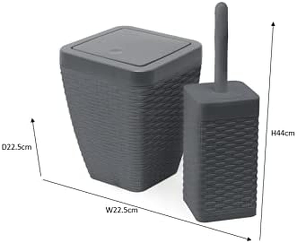 517487 Faux Rattan Square Bathroom Set Includes Swing Bin and Toilet Brush, Charcoal Grey, Bin & Toilet