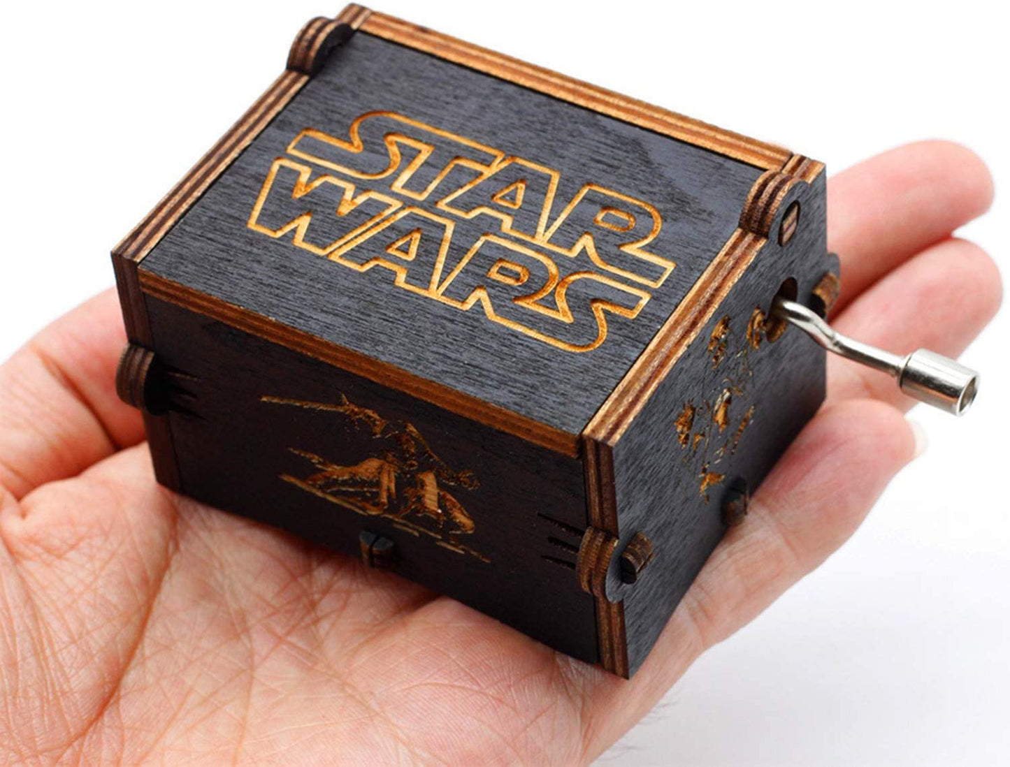 Black Wood Star Wars Music Box, Antique Carved Hand Cranked Wooden Musical Boxes Home Decoration Crafts for Children Gifts