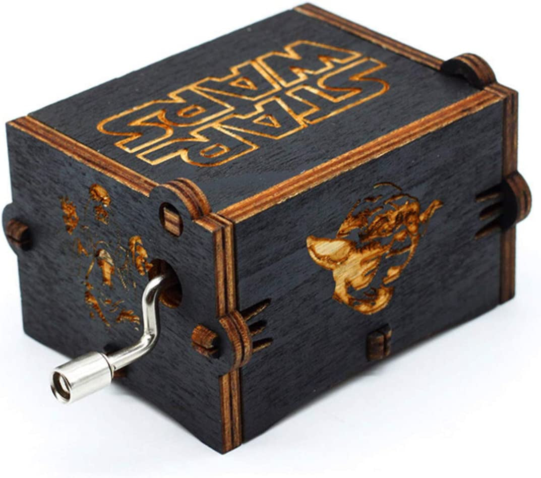 Black Wood Star Wars Music Box, Antique Carved Hand Cranked Wooden Musical Boxes Home Decoration Crafts for Children Gifts