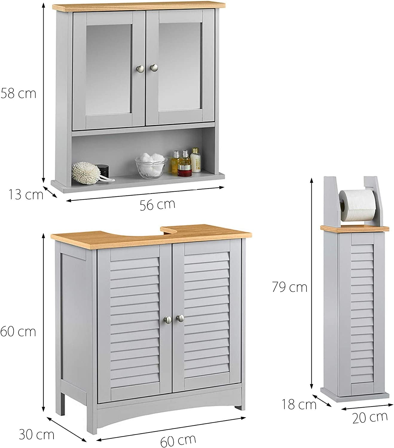 Atlanta 3 Piece Set Bathroom Furniture Free Standing under Sink Storage Wall Mounted Medicine Cabinet with Mirror Modern Bathroom Storage Cabinet Shelf Toilet Paper Roll Holder Floor Unit Grey