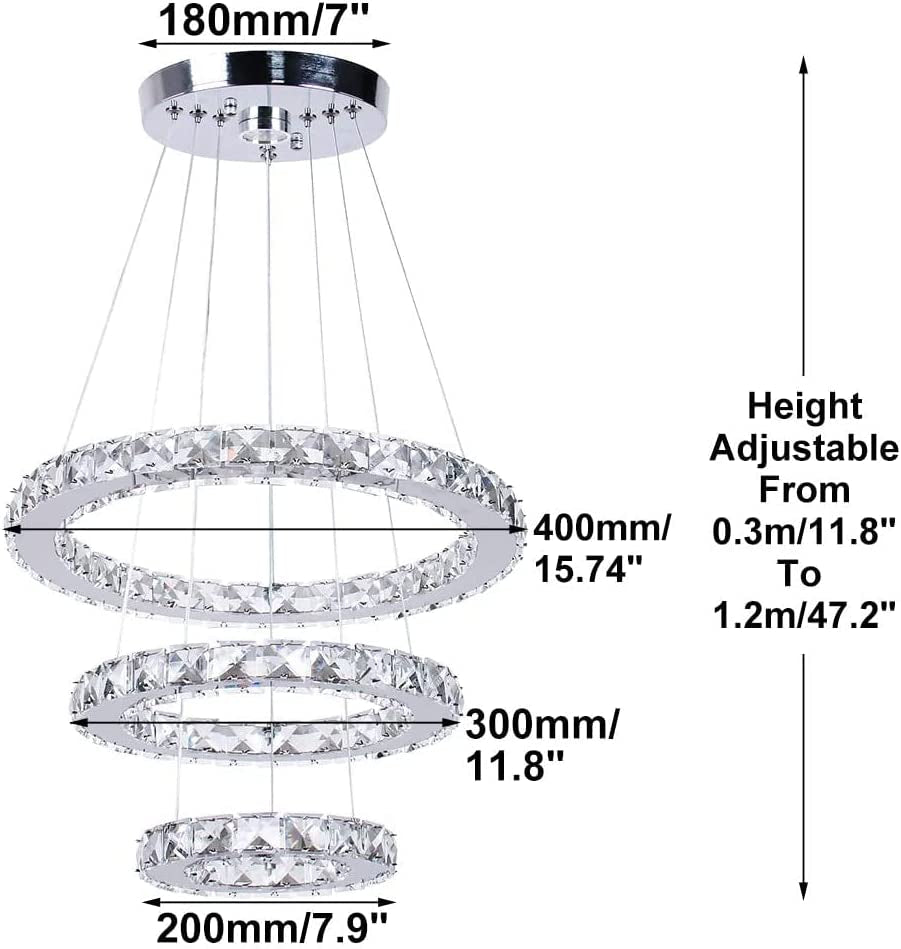 Modern LED Crystal Chandeliers 3 Rings Ceiling Lights Adjustable Stainless Steel Pendant Light Fixture for Dining Room Living Room Bedroom(Warm White)