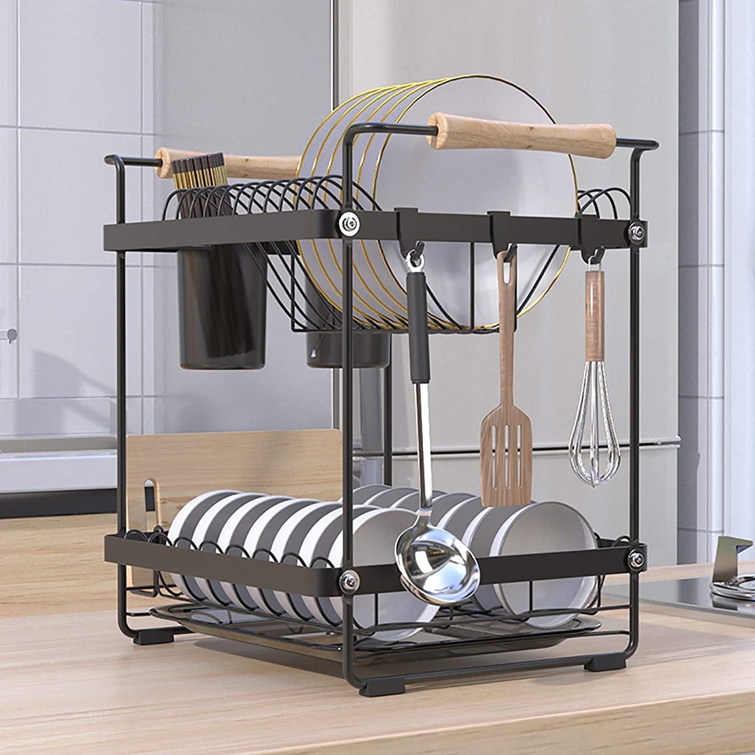 Dish Rack, Stainless Steel Draining Rack for Dishes,  Dish Drainer with 2 Levels, Cutting Board Holder, Drip Tray,Non-Slip Feet, Easy to Assemble, Robust and Durable for the Kitchen