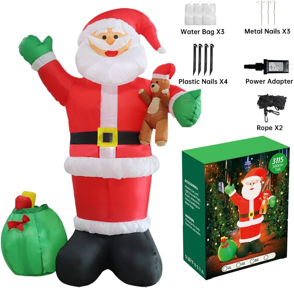 12FT Huge Christmas Inflatable Decoration Santa Claus Carry Gift Bag and Bear, LED Lights Blow up Yard Decoration,For Holiday Xmas Party ,Indoor,Outdoor,Garden,Yard Lawn Winter Decor