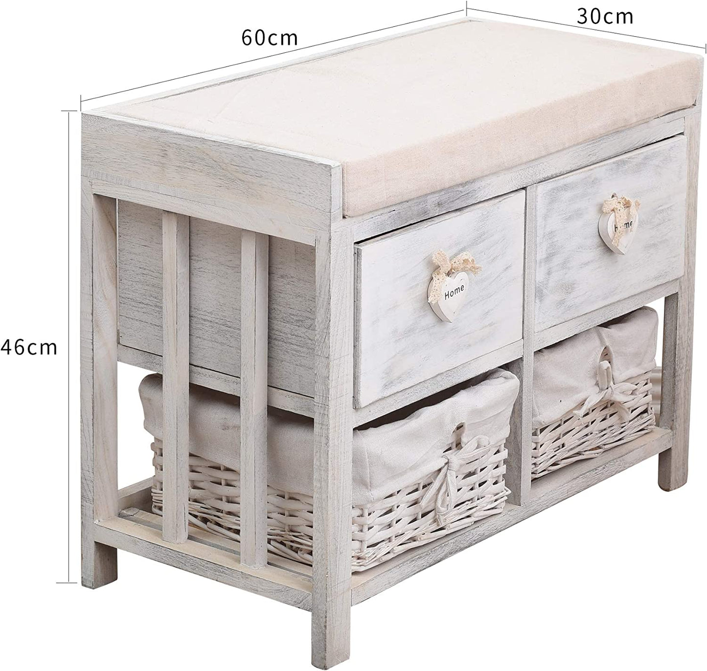 Rebecca Mobili Bench Seat Storage Unit with 2 Drawers Wood White Natural Vintage Bathroom Hall - 46 X 60 X 30 Cm (H X W X D) - Art. RE4553