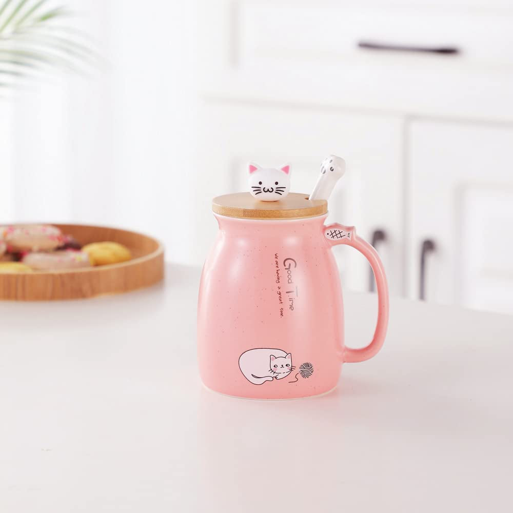 Cat Mug Cute Ceramic Coffee Cup with Lovely Kitty Lid Spoon,Morning Cup Tea Milk Christmas Mug 380ML