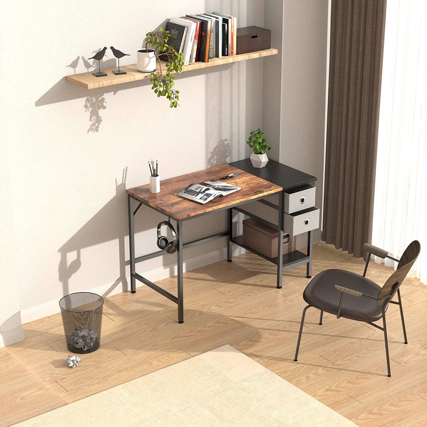 Computer Desk, Office Work Desk for Student and Worker, Writing Desk with Drawer and Headphone Hook, Laptop Table with Shelves, Modern Style Desks for Bedroom, Home, Office(100X50X75Cm)