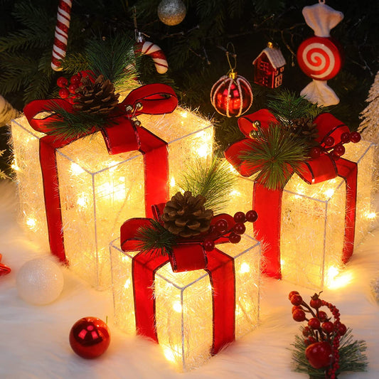 Set of 3 Light up Present Boxes, 60 Leds Christmas Decorations Parcels Lights, Illuminated Present Lights Gift Boxes Christmas Tree Decorations Indoor Xmas Fairy Lights Decor