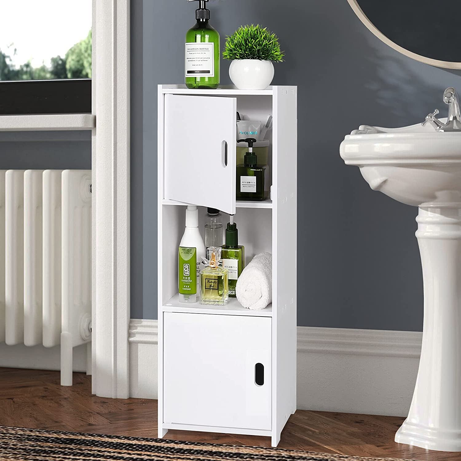 Waterproof Bathroom Storage Cabinet,Freestanding Cabinet Organizer Unit with 2 Door and Shelf for Store Toilet Paper,Books,Shampoo,White.