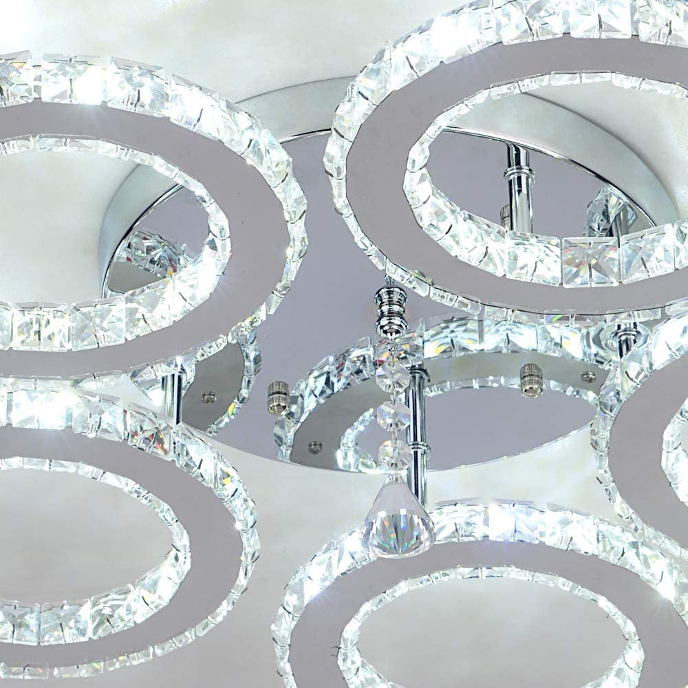 Modern Crystal Chandelier, Led Ceiling Light Flush Mount Stainless Steel Pendant Lights Fixtures for Dining Room Living Room (5 Rings Cool White)