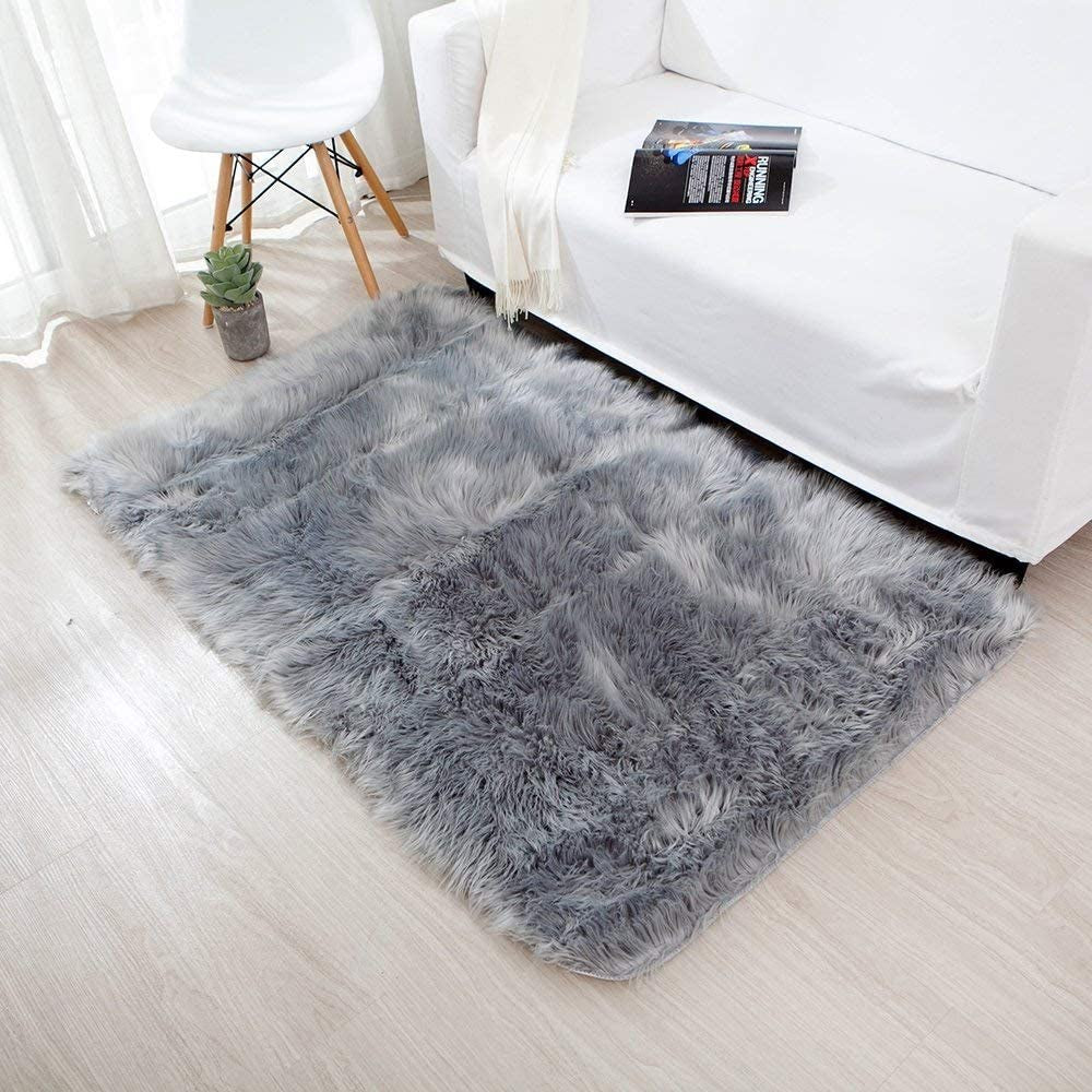 Fluffy Sheepskin Rug Soft Area Rugs Sofa Mat Cover Floor Carpet Pad for Bedroom Grey 60 X 90 CM