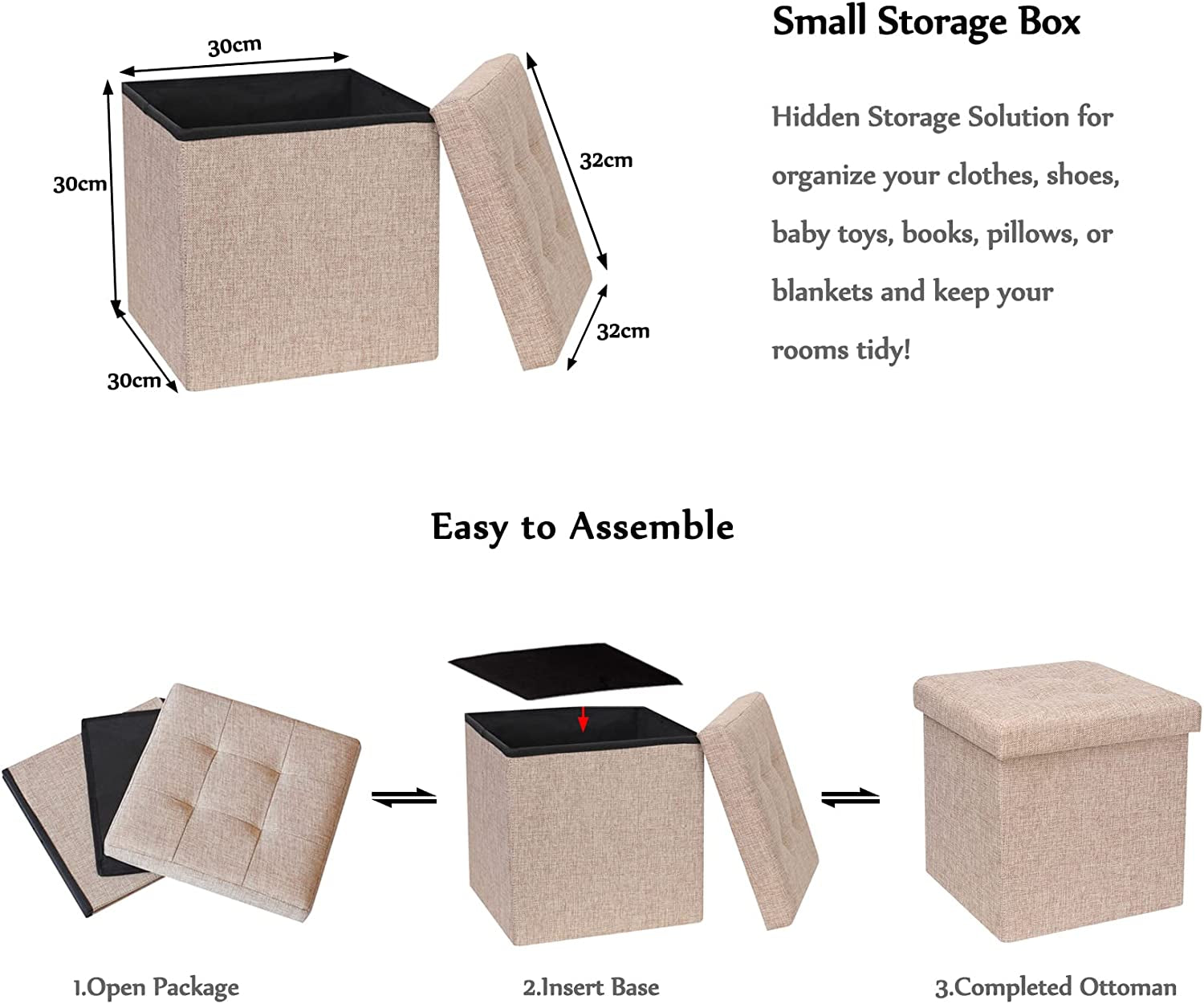 Small Foldable Ottoman with Storge,Footstool,Collapsible Linen Chest Cube Toy Box with Lid,Foot Rests for Living Room,Apricot,32X32X32Cm