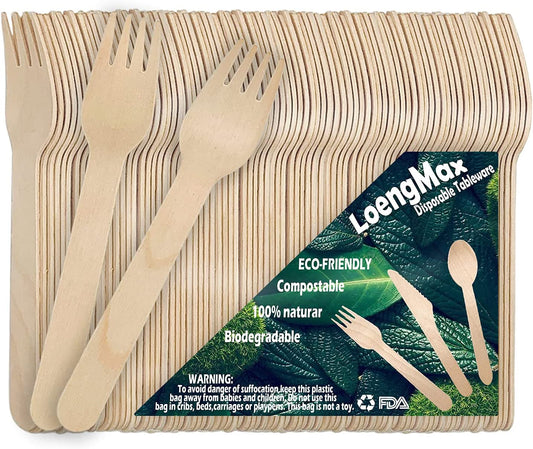 Disposable Wooden Forks-100Pcs 6" Length-Wood Cutlery Wooden Utensils