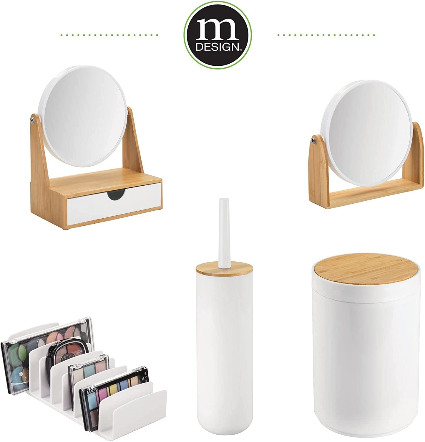 Swing Lid Bathroom Bin - Bamboo and Plastic Rubbish Bin for Bathroom - Small Trash Can - Bamboo and White