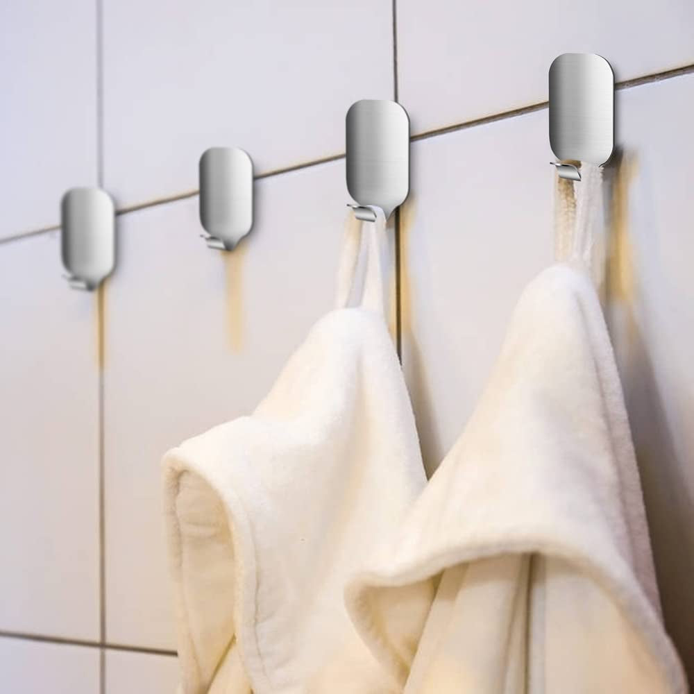 Self Adhesive Hooks - Pack of 10 Wall Door Hooks Stick on / Sticky Hooks for Bathroom Kitchen Hanging Coat Cloth Towel Key - Stainless Steel, Waterproof, No Nails