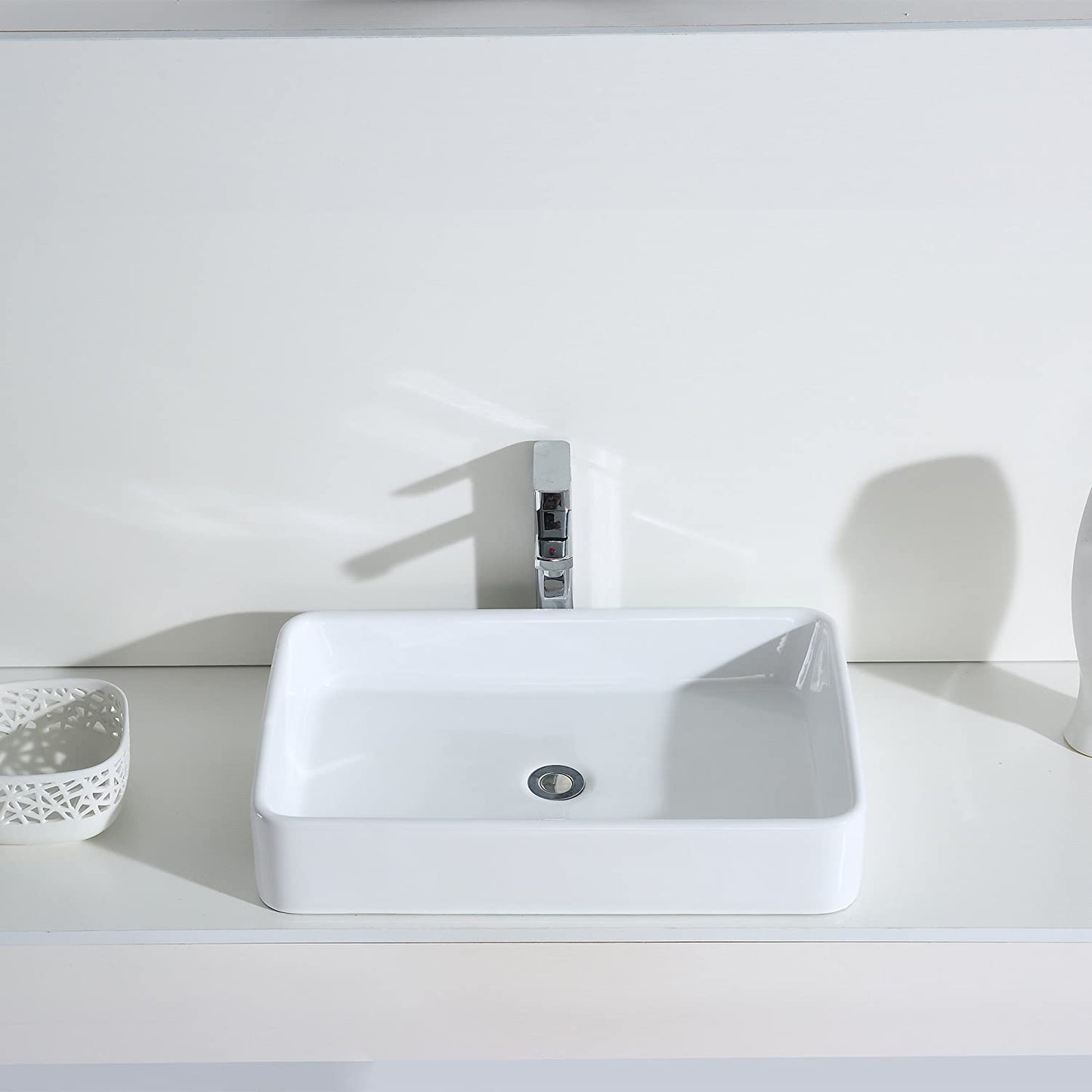 [Series Nevada Bathroom Sink, Gloss White Ceramic Countertop Wash Basin Square Bathroom Sink Countertop Mounted for Lavatory Vanity Cabinet