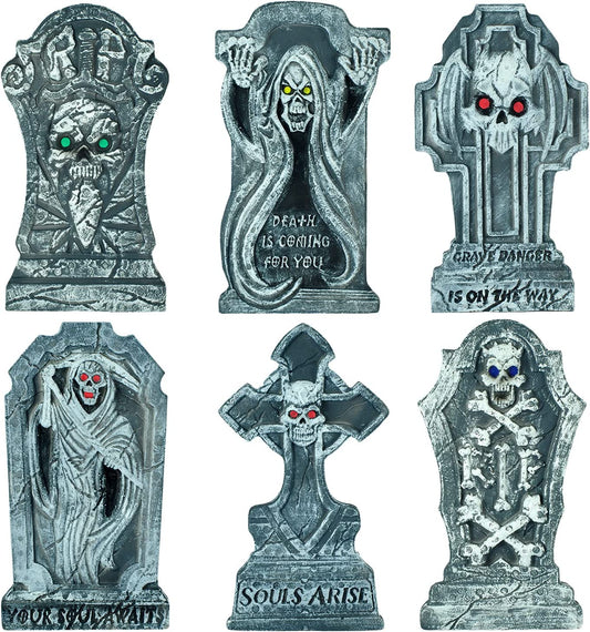 6 Packs Halloween Foam Tombstone Decorations, Stone Looking Headstone and Bonus Metal Stakes for Yard Sign Decoration, Outdoor Halloween Props, Halloween Yard Lawn Decorations