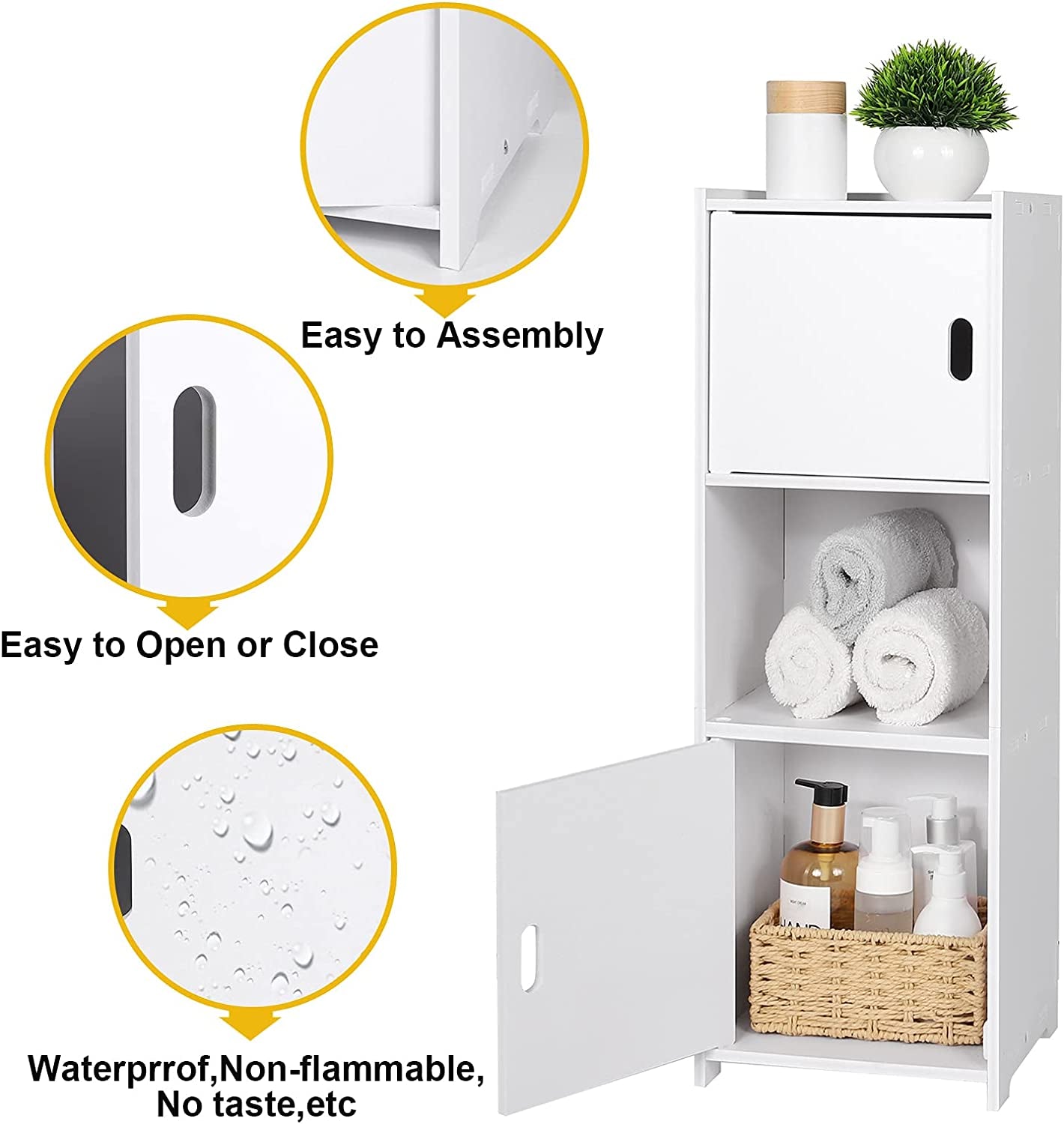 Waterproof Bathroom Storage Cabinet,Freestanding Cabinet Organizer Unit with 2 Door and Shelf for Store Toilet Paper,Books,Shampoo,White.