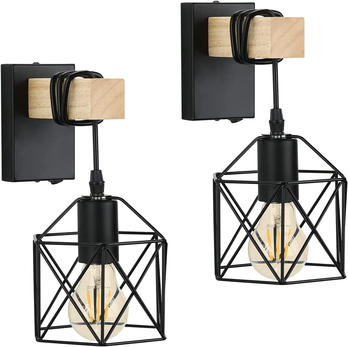 Industrial Wall Lights Indoor with Switch, Vintage Wooden Wall Lamp, E27 Black Cage Wall Lights, Wall Sconces Indoor for Farmhouse, Living Room, Bedroom, Hallway, Stairwell, Bar (2 Pack)