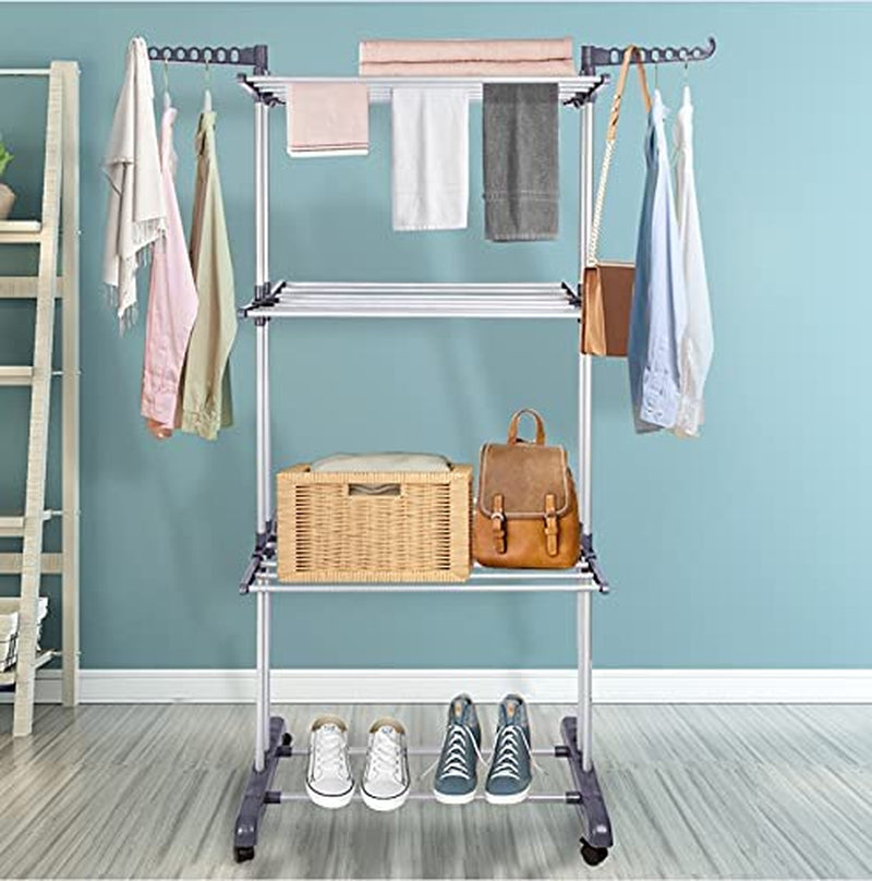 Clothes Drying Rack 4-Tier Foldable Standing Garment Dryer Collapsible Movable Laundry Airer with 4-Wheels for Home Storage Indoor (Grey)