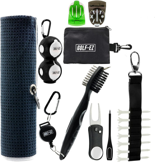 Golf Essentials Kit | Golf Towel | Cleaning Brush | TRI-LINE Alignment Marker| Divot Repair Tool | Golf Ball & Tee Holder