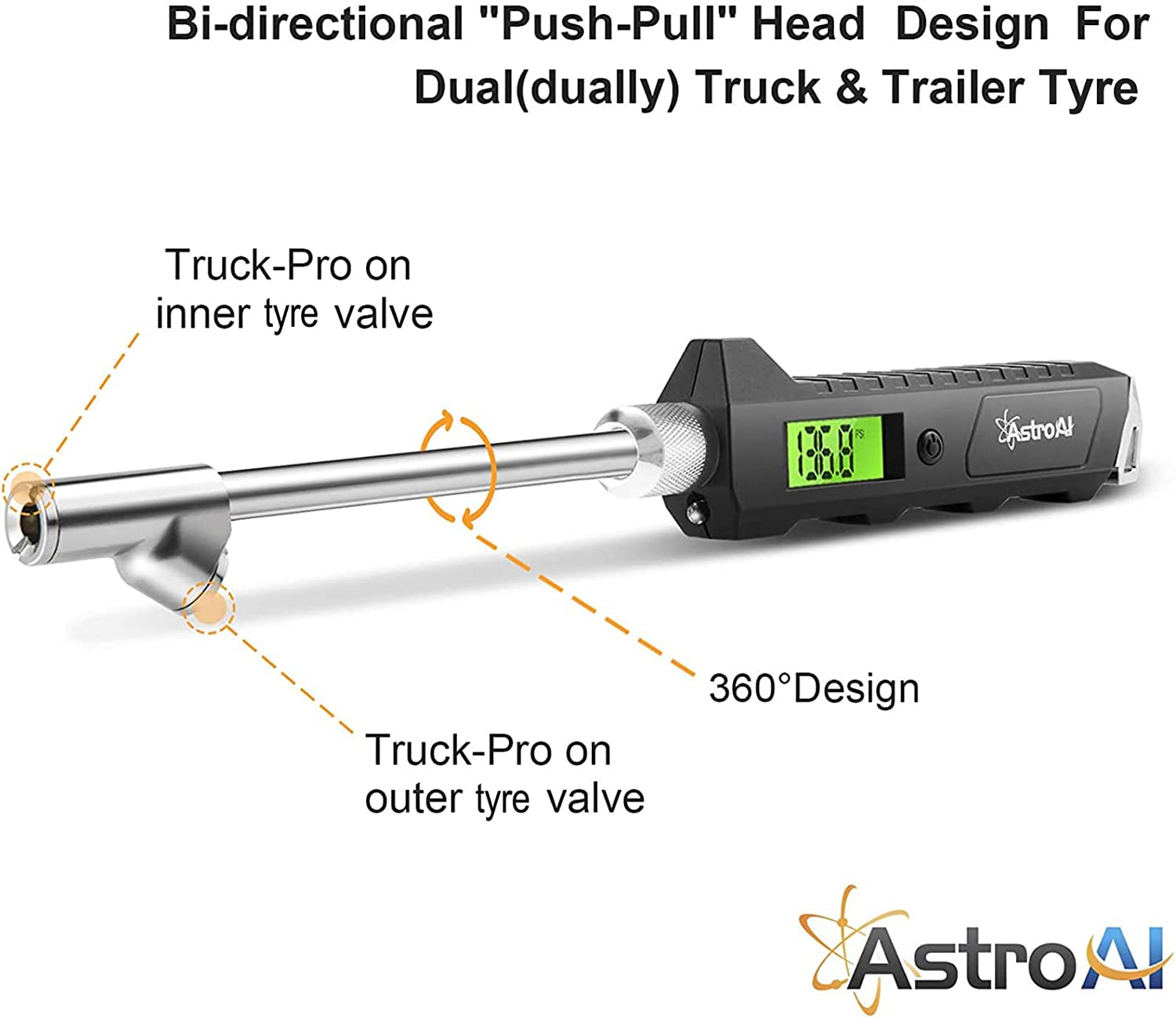 Digital Tyre Pressure Gauge, 230 PSI RV Heavy Duty Dual Head Stainless Steel Made for Truck Car with Larger Backlit LCD and Flashlight