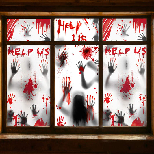 Halloween Window Decorations Zombie Posters - 3 Pcs Giant Bloody Handprints Zombie Silhouettes, Creepy Window Treatment Wall Decor Door Covers for Halloween Scary Haunted House Party Decorations