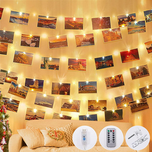 120 LED Photo Clip String Lights USB Plug In, 60 Photo Clips 12M/40Ft 8 Modes Photo Peg Fairy Lights for Bedroom Wedding Party Christmas Photo（Warm-White）