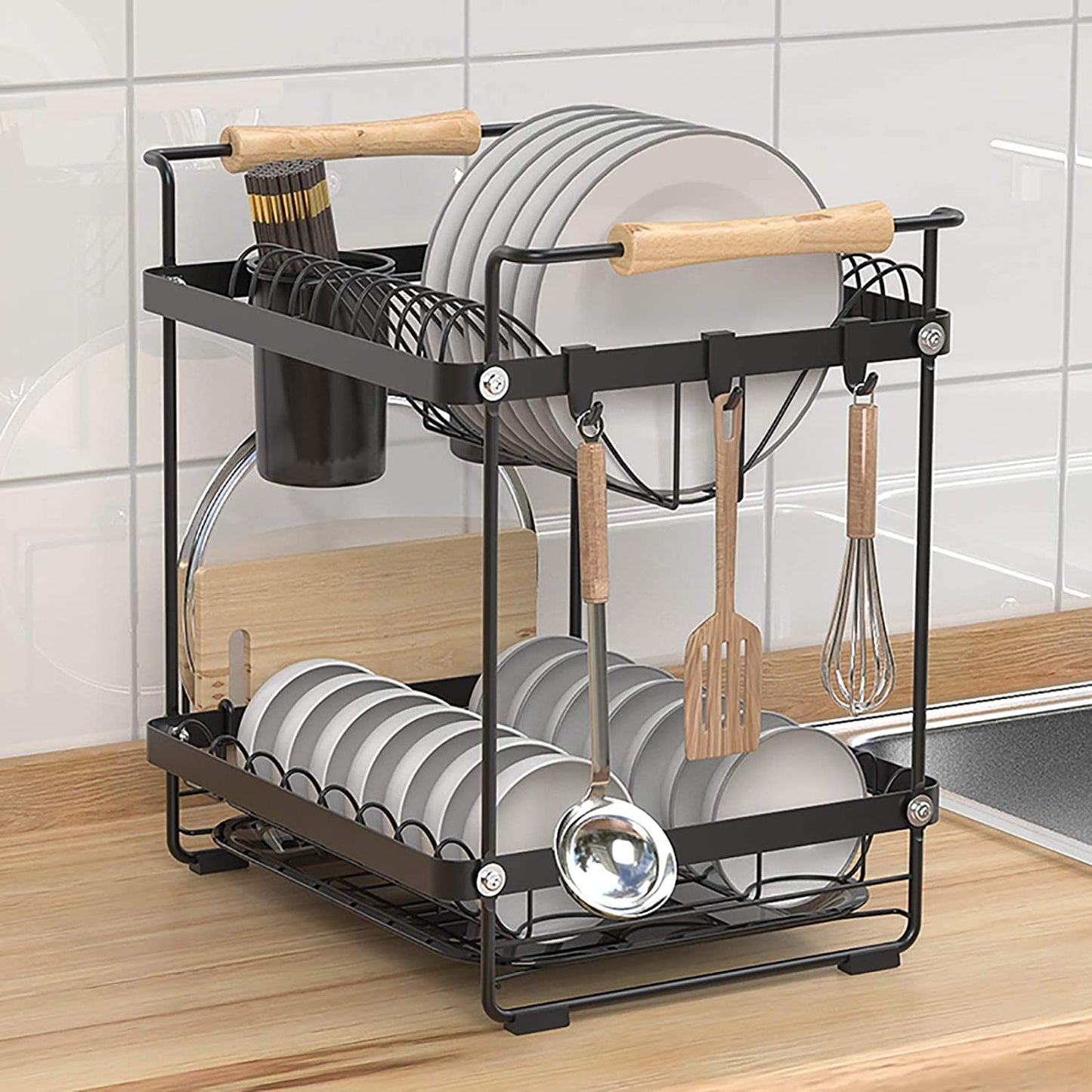 Dish Rack, Stainless Steel Draining Rack for Dishes,  Dish Drainer with 2 Levels, Cutting Board Holder, Drip Tray,Non-Slip Feet, Easy to Assemble, Robust and Durable for the Kitchen