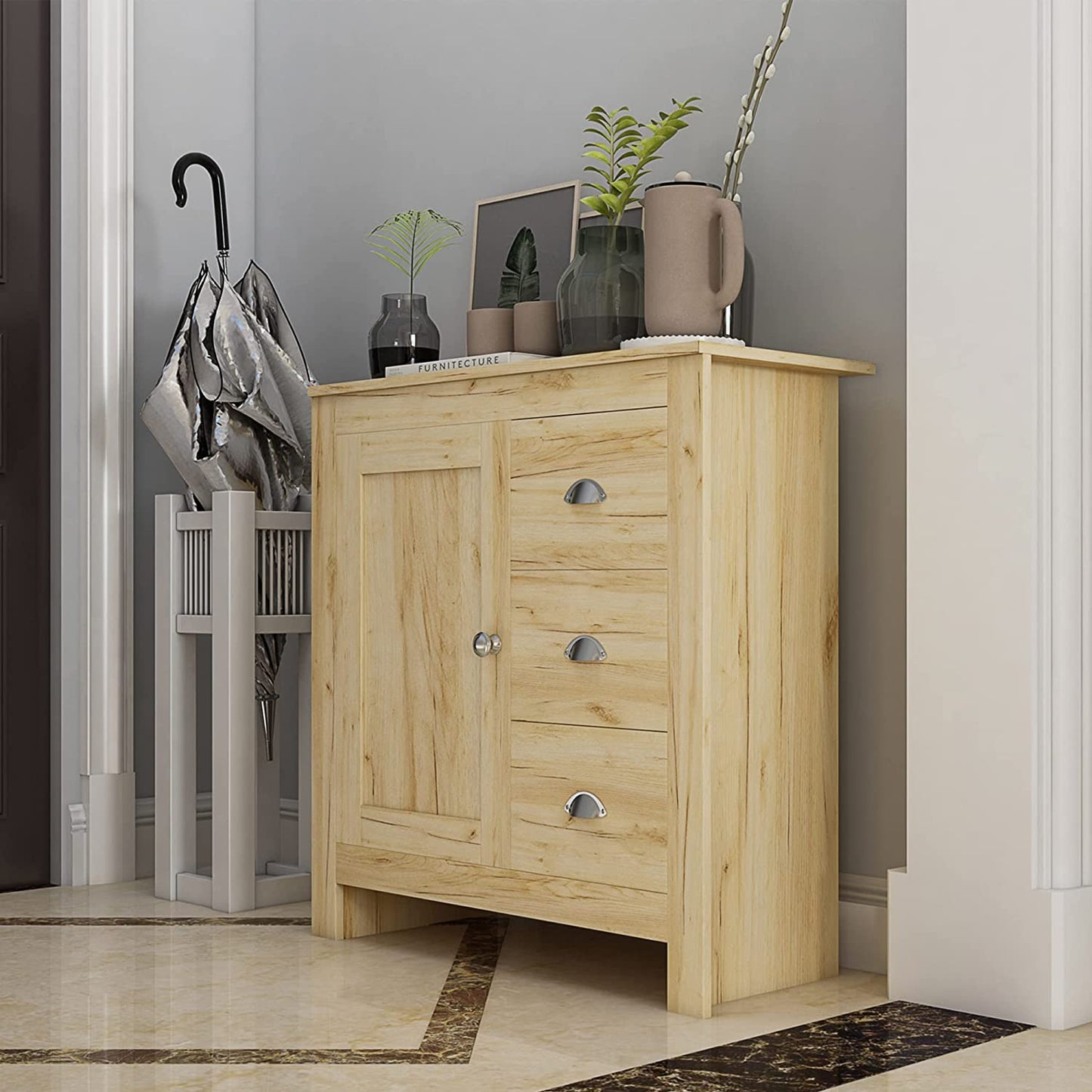 Sideboard Buffet Table with 3 Drawers 1 Door Storage Cabinet for Living Room Hallway Kitchen Sideboard Cupboard for Dining Room Narrow Sideboard Cabinet, 79X35X81Cm (Light Oak)
