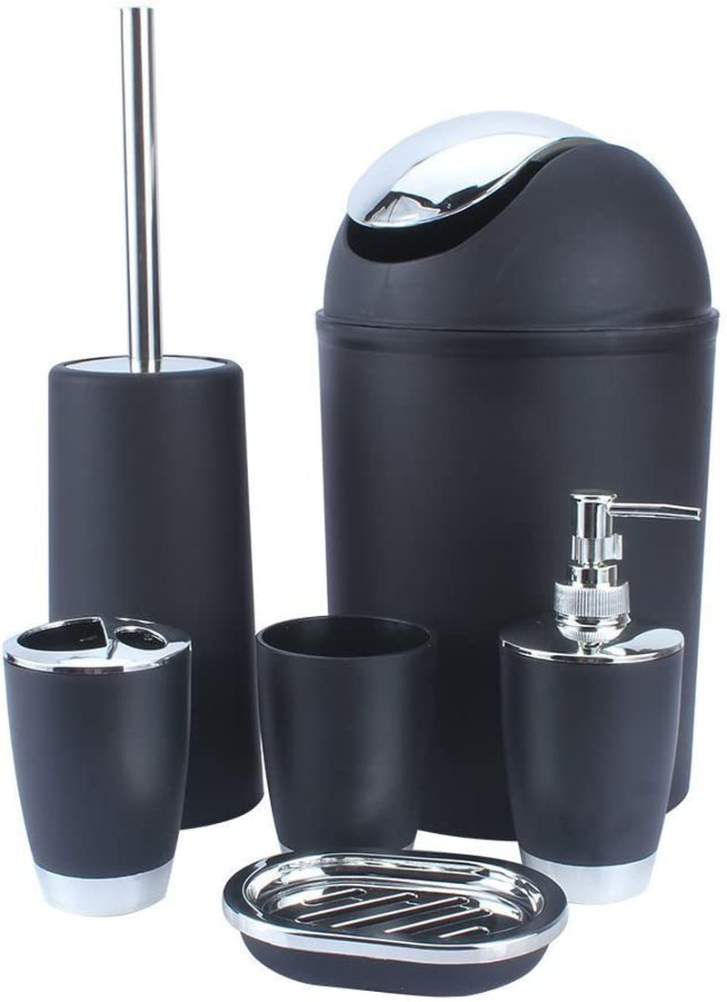 BATHROOM SET 6 PIECE ACCESSORY BIN SOAP DISH DISPENSER TUMBLER TOOTHBRUSH HOLDER (BLACK)