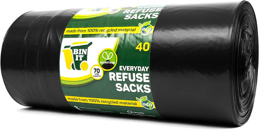 40 Drawstring, Everyday Refuse Sacks, Bin Bags, Bin Liners, 70 Litre, Recycled, Strong, Tear Resistant, 30 Μm, Perfect for Everyday Use, Household, Office, Kitchen & Caterers