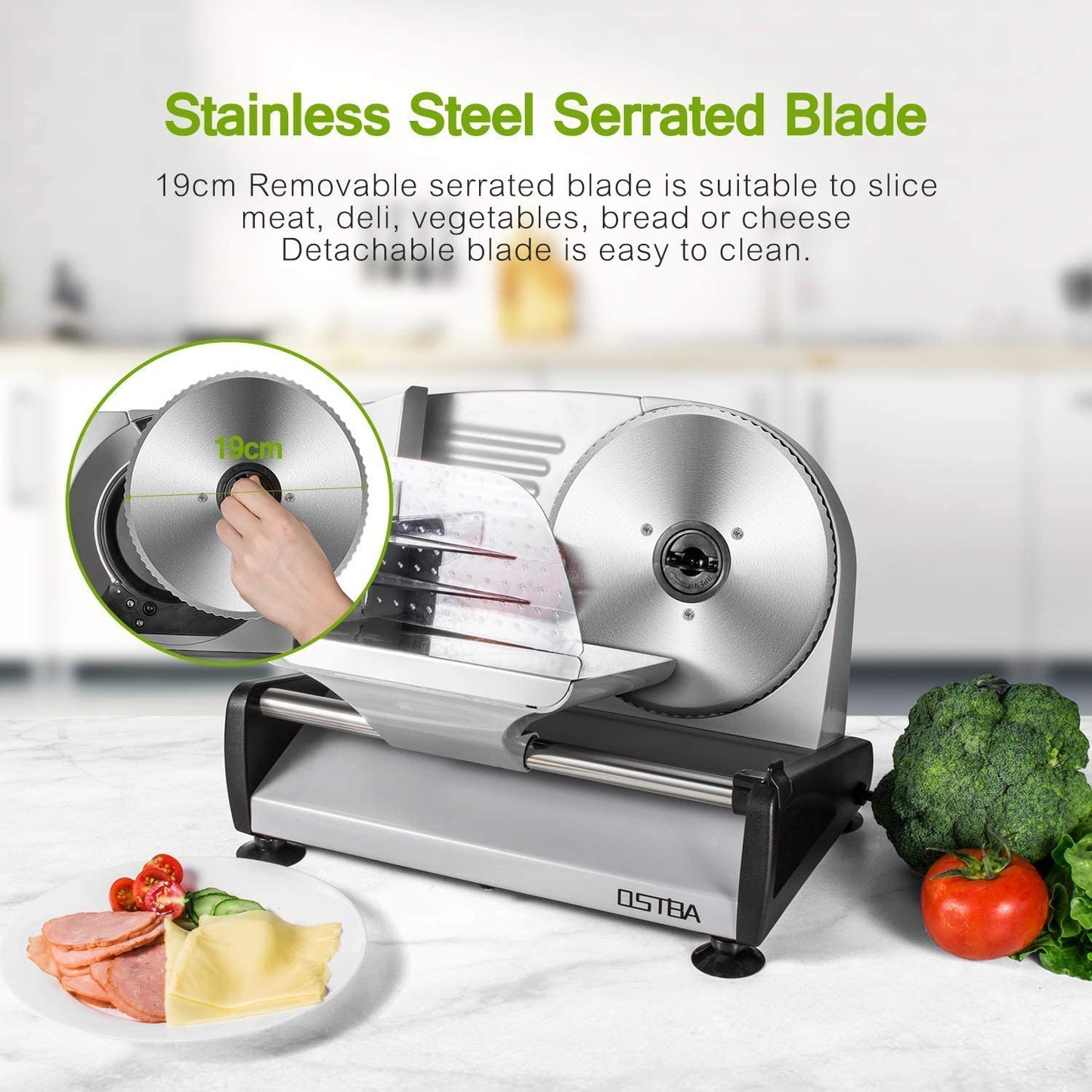 Meat Slicer Electric Deli Food Slicer with Child Lock Protection, Removable 19Cm Stainless Steel Blade and Food Carriage, 0-15Mm Adjustable Thickness Food Slicer Machine for Meat, Cheese, Bread, 200W