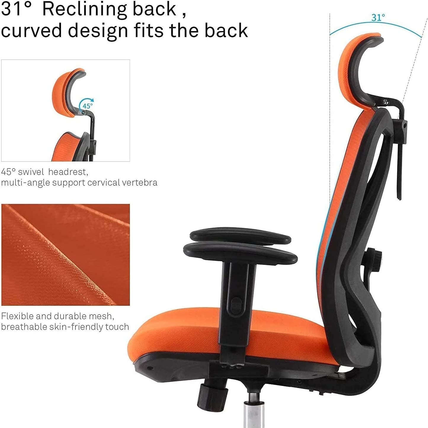 Office Chair Ergonomic Desk Chair, Breathable Mesh Design High Back Computer Chair, Adjustable Headrest and Lumbar Support (Orange)