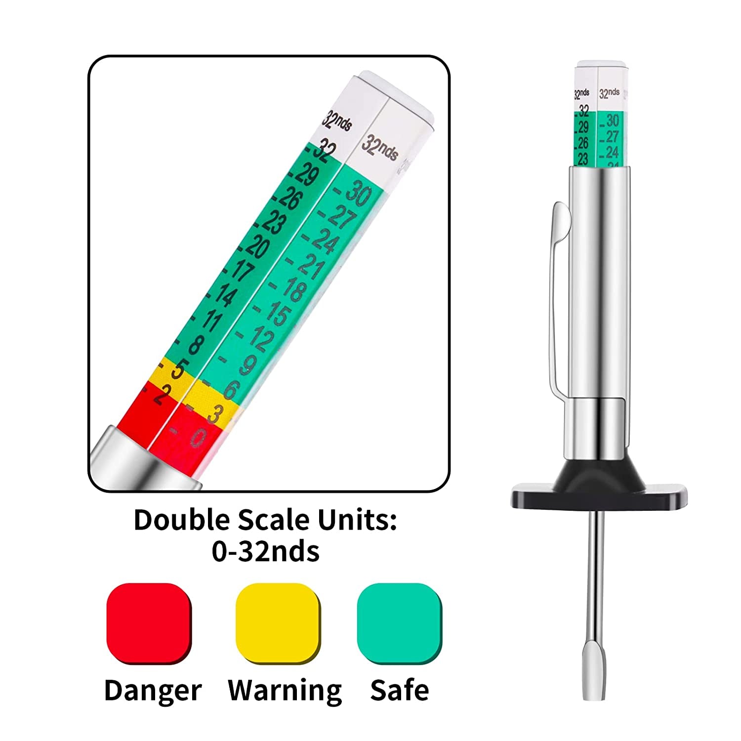 Tyre Tread Depth Gauge 2Pcs Smart Color Coded Tire Depth Gauge Color Coded Car Tread Depth Metric Gauges Color Coded Car Tread Depth Gauge Measurement Tool in 25Mm/32Nds