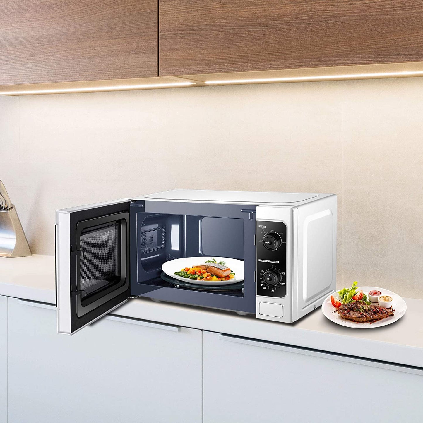 800W 20L Microwave Oven with Function Defrost and 5 Power Levels, Stylish Design – White - MM-MM20P(WH)