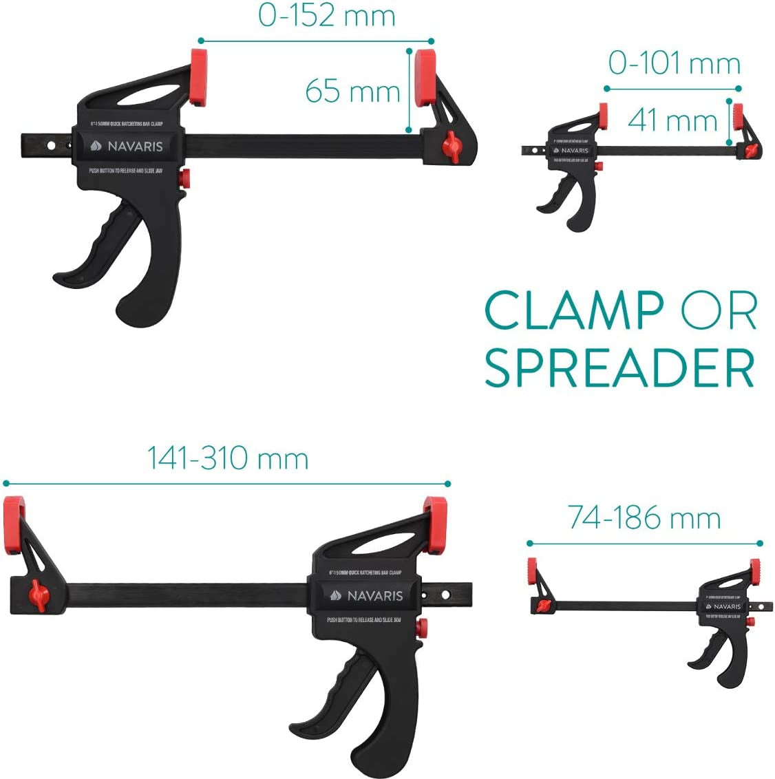 Navaris Quick Grip Bar Clamps - Set of 4 One Hand Quick-Release Bar Clamp Tools 20 Kg and 60 Kg Clamping Force - 4 Inch and 6 Inch / 10 Cm and 15 Cm