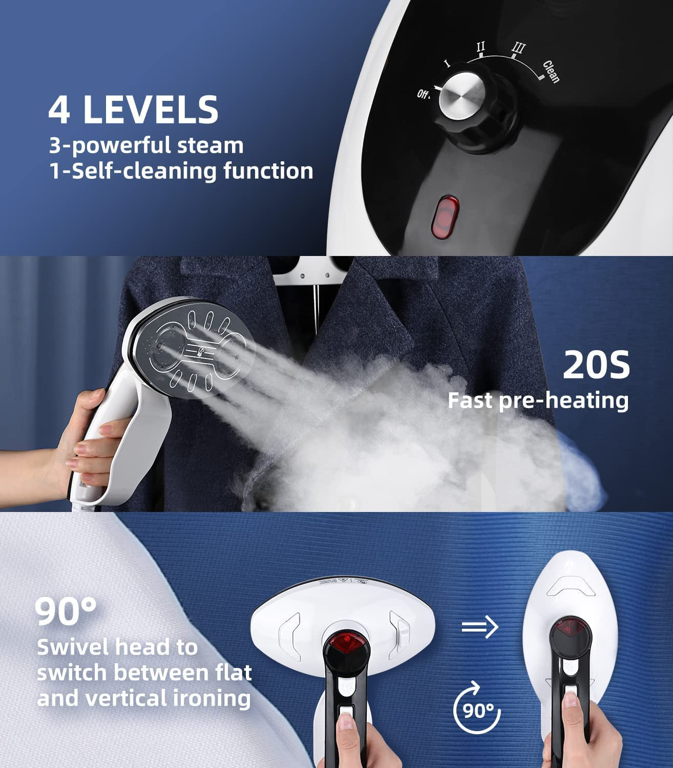 Steamer for Clothes Professional Upright Clothes/Garment Steamer 4 Steam Levels Adjustment Fast Heating Continuous Steam Self-Cleaning Function Heavy Duty Clothes Steamer with 2.4L Water Tank