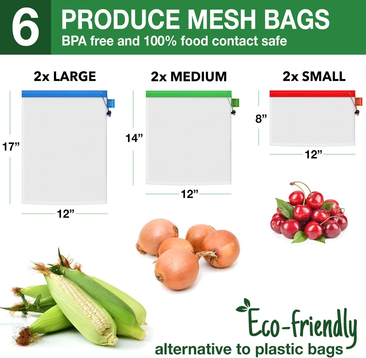 [17 Set] Food Storage Pack - Set of 4 Silicone Bags, 6 Stretchy Lids, 6 Produce Mesh Bags - Eco-Conscious Alternative to Plastic - Safe, Reusable Kitchen Solutions - with Bag Holder
