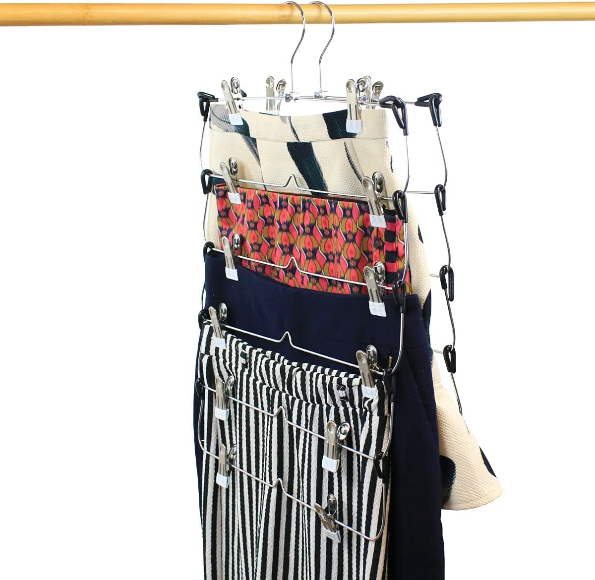 6 Tier Trouser Hangers with Clips,  2 Pack Strong & Durable Chrome Metal Skirt Hangers - Space Saving, Multi Hanger with Non Slip Adjustable Clip for Trousers, Hang Skirts Pants Jeans