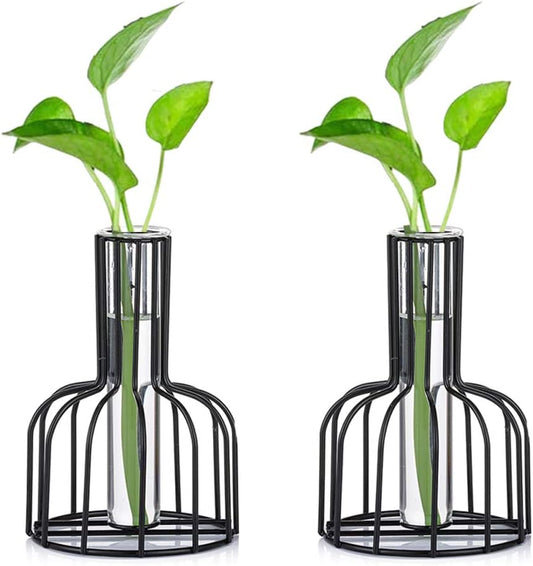 Glass Propagation Station with Metal Frame, Set of 2 Black Flower Vase, Test Tube Vase for Hydroponic Plant, Small Bud Vase for Home Kitchen Office Table Top Decor, Black