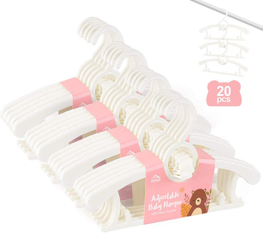 Set of 20 Plastic Nursery Baby Hangers with Space-Saving Stackable Hooks Non-Slip Extendable Hangers for Babies Toddlers Kids Children, White