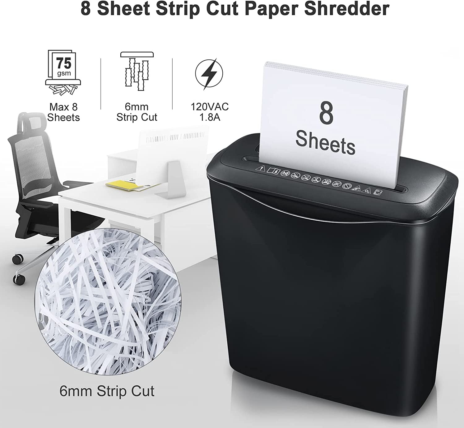 8 Sheet Strip Cut Paper Shredder, A4 Paper, Credit Card and CD/DVD Shredder for Home Use with 13L Wastebasket, Black(S120-C)