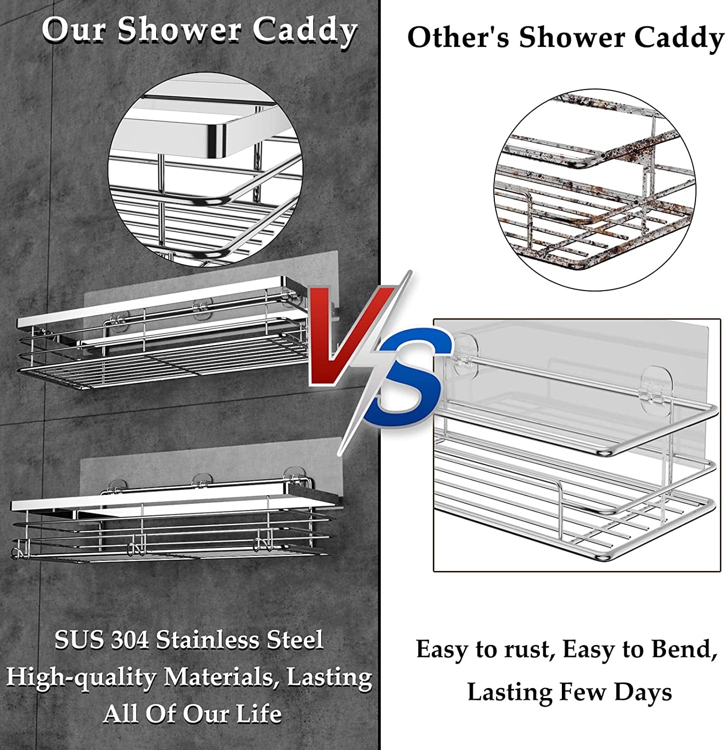 Shower Caddy with 5 Hooks for Hanging Razor and Sponge Adhesive Shower Shelf Bathroom Accessories Organiser Storage Kitchen Rack No Drilling Stainless Steel - 2 Pack