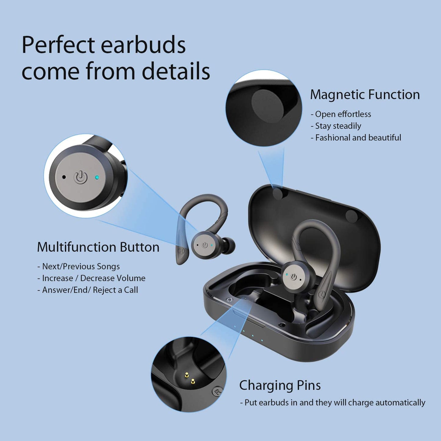 Bluetooth Headphones True Wireless Earbuds with Charging Case IPX7 Waterproof Premium HI-FI Stereo Sound Earphones Built-In Mic In-Ear Headsets Deep Bass for Sport Running Black