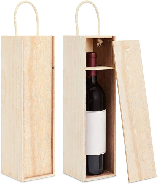 Wooden Wine Box (2-Pac - Single Wine Bottle Wood Storage Gift Box with Handle for Birthday Party, Housewarming, Wedding, Anniversary, 35.2 X 9.8 X 10.2 Cm