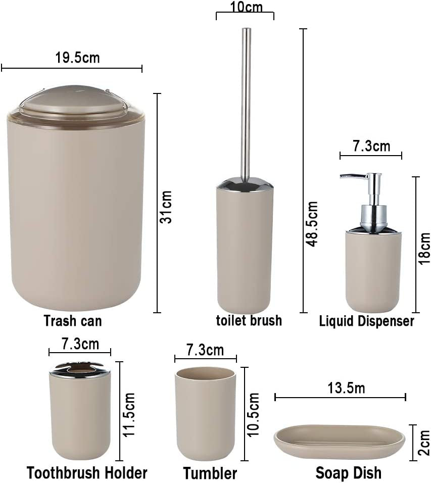 6 Piece Plastic Bathroom Accessory Set Modern Design Bath Accessories Bath Set Lotion Bottles,Toothbrush Holder,Tooth Mug,Soap Dish,Toilet Brush,Rubbish (Beige)