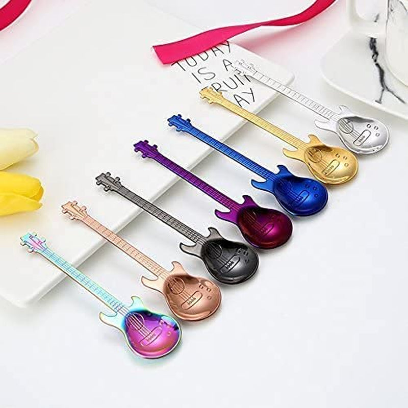 Guitar Coffee Teaspoons, 7Pcs Colorful Stainless Steel Musical Coffee Spoons Cute Tea Spoons Set Stirring/Mixing/Sugar/Dessert/Jam/Ice Cream Spoon