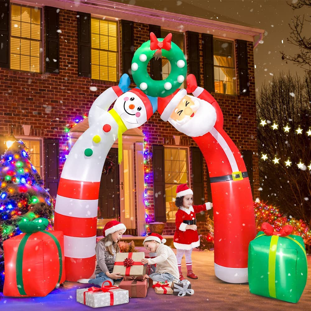 8 FT Christmas Inflatable Decoration Arch with Santa and Snowman, LED Lights Holiday Blow up Yard Decoration, Xmas Party Indoor Outdoor Garden Yard Lawn Winter Decor