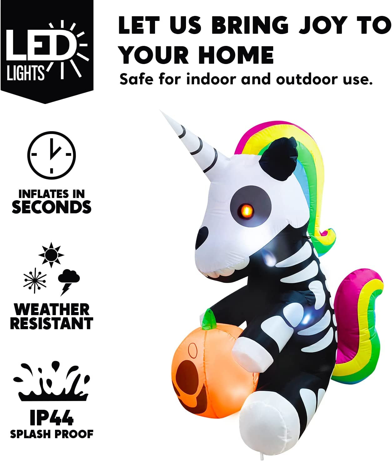 5 FT Tall Halloween Inflatable Sitting Skeleton Unicorn Inflatable Yard Decoration with Build-In Leds Blow up Inflatables for Halloween Party Indoor, Outdoor, Yard, Garden, Lawn Decorations